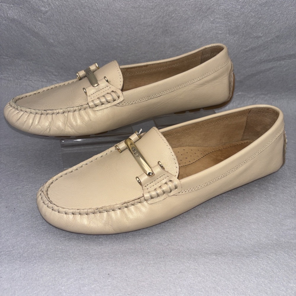 Lauren Ralph Lauren W 9B Caliana Cream/Gold Leather Driving Moccasin Loafers EUC